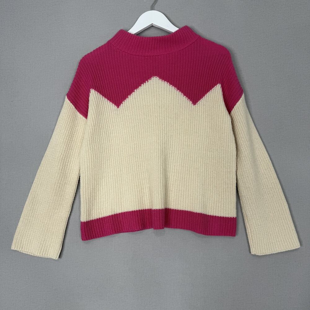The Reeds x J.Crew Ski Sweater Womens XS Pink Mock Neck Zig Zag Colorblock Retro